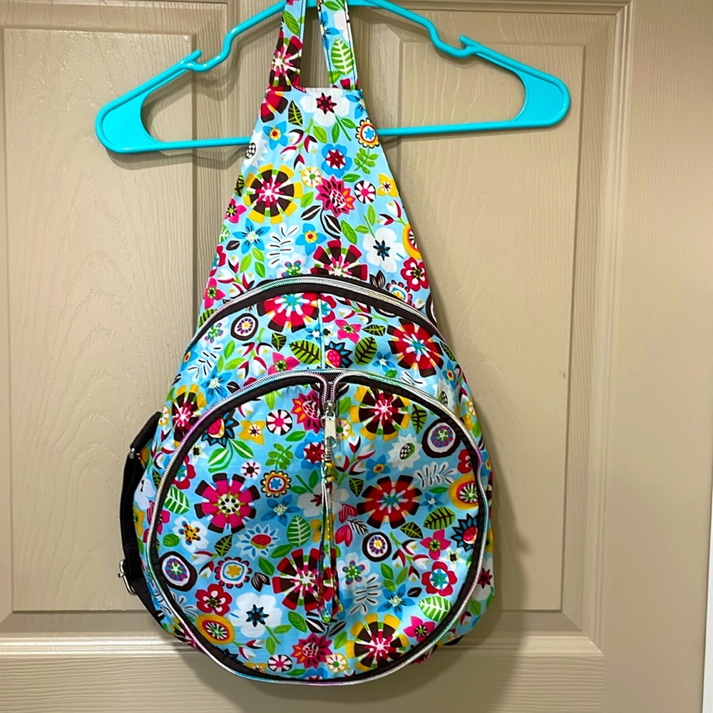 Vibrant floral backpack. Pickleball. Tennis.